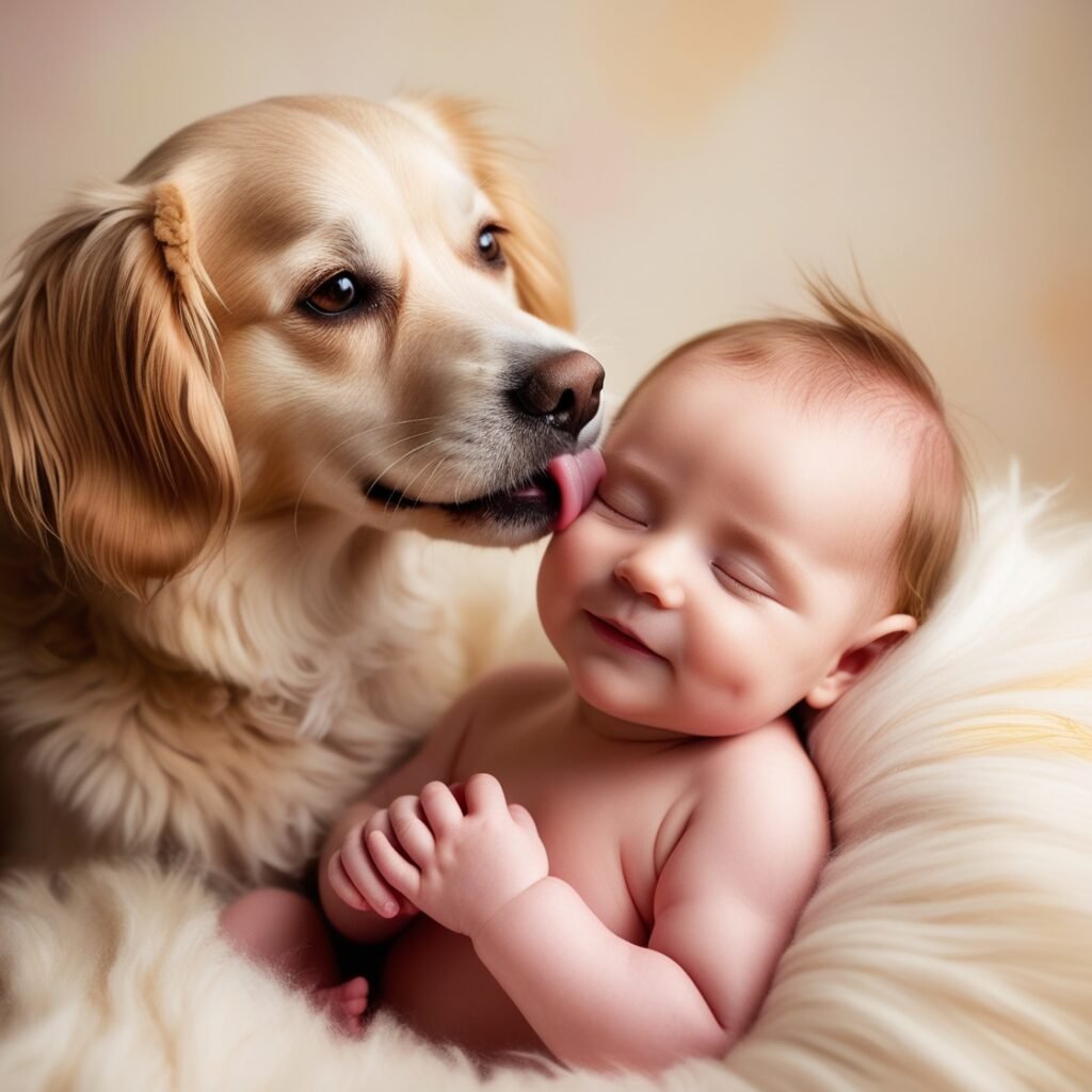 Loving Dog Gently Licks a Relaxed Baby: A Tender Moment of Pure Love